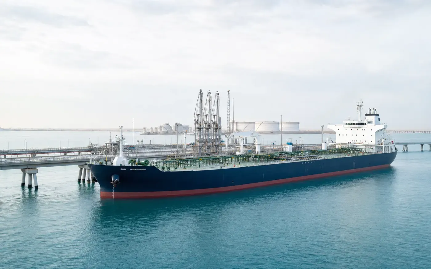 Petroleum-product tanker alongside a marine loading jetty